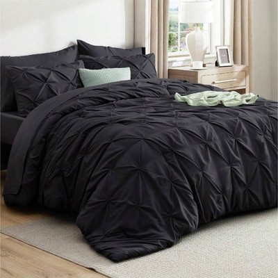 Queen Comforter Set Black - 7 - Piece Bed in a Bag, GentleSoft Pintuck, Sheets, Pillowcases Shams