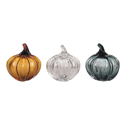 Transpac Glass Pumpkin Set of 3 Clear Green Amber Decorative Sculptures Fall Harvest Tabletop Decor Indoor Gift