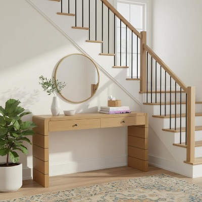 Homy Casa Console Table with Storage Drawers and Solid Panel Base for Entryway or Living Room, Oak