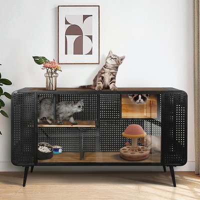 Cat Villa Indoor Cat Litter Box Furniture Cat Cages with Tempered Glass Doors, Metal Frame and Spacious Open Space TV Stand Cat House for Living Room