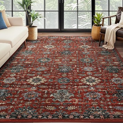 Soft Vintage Area Rug Washable Rugs for Living Room Indoor Large Traditional Farmhouse Carpet Non Slip Low Pile Bedroom Rug for Dining Room