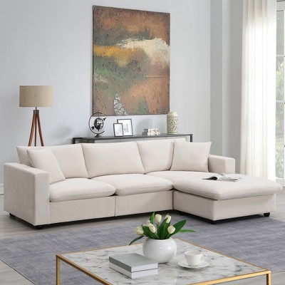 YOOCOZZ L-Shaped Polyester Sectional Sofa with Movable Ottoman and 2 Pillows