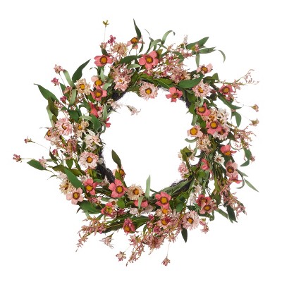 Spring Summer Posey 24in Wreath, w/ Artificial Mini Zinnia & Caspia