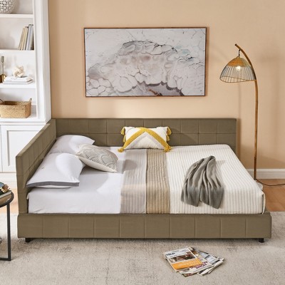 TiramisuBest Queen Size Upholstered Tufted Bed Frame with Storage, Velvet Sofa Bed with Backrest & Armrests, Black