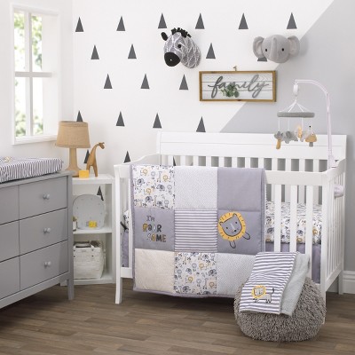 Little Love by NoJo Roarsome Lion - Grey, Yellow, White 3 Piece Nursery Crib Bedding Set with Comforter, Fitted Crib Sheet, Dust Ruffle