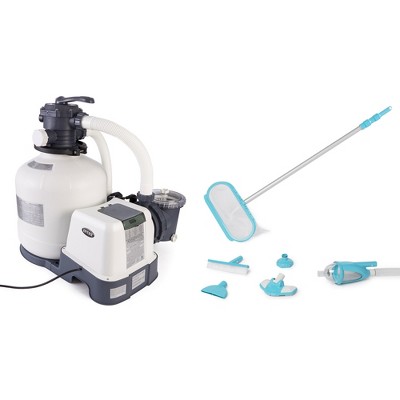 Intex 3000 GPH Sand Filter Pump with Built-in Timer and Deluxe Maintenance Accessory Pool Cleaning Kit for Above Ground Swimming Pools