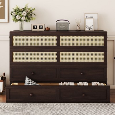 Queen Size Murphy Bed with Rattan Accent & Storage Drawer, Space-Saving Wall Bed Cabinet, Espresso/Walnut - ModernLuxe
