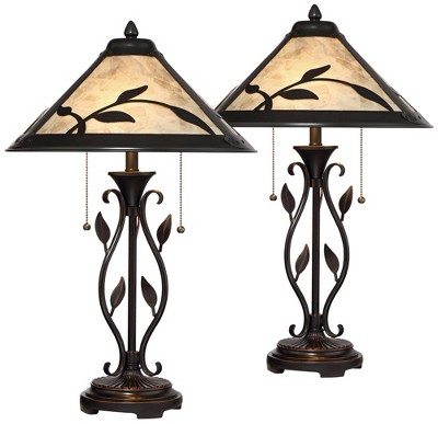 Franklin Iron Works Feuille 23 3/4" High Leaf and Vine Small Farmhouse Rustic Accent Table Lamps Set of 2 Pull Chain Brown Living Room Mica Shade