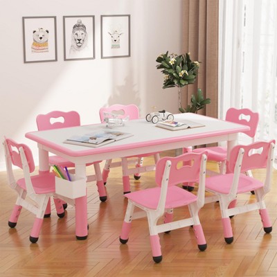 Adjustable Kids Table and Chair Set, 6 Chairs, Writable Activity Table with Storage Box, Non-Slip Legs for Home Daycare Classroom
