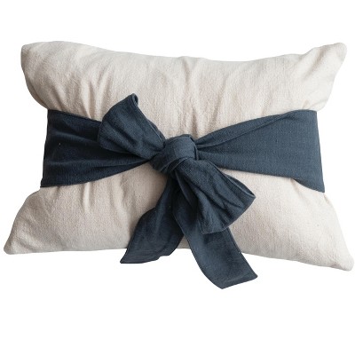 Storied Home Woven Cotton Lumbar Pillow with Bow, Natural and Navy Color