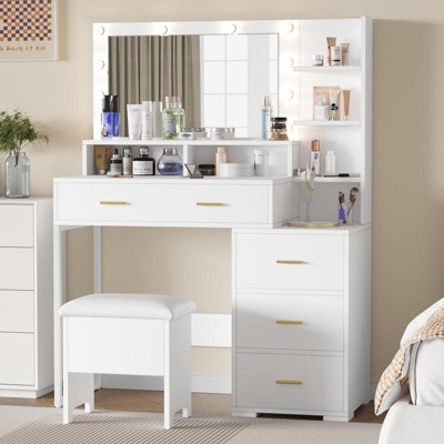 White Vanity Desk with Mirror & 9 LED Lights, 4 Drawers and 3 Open Shelves, Perfect for Bedroom Storage