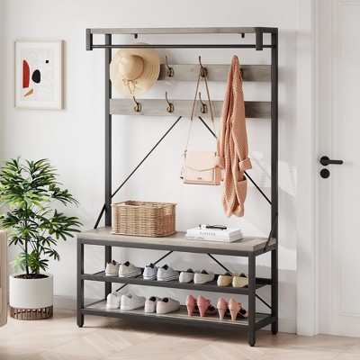 72 Inch Industrial Hall Tree with Bench and Shoe Storage, Metal Frame Coat Rack Shoe Bench with 8 Hooks & Storage Shelf for Entryway, Hallway