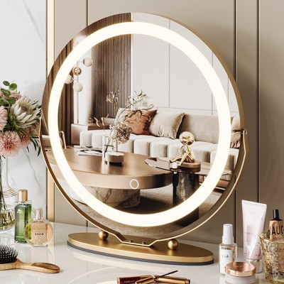 19 Inch Round Vanity Mirror with Lights - Gold LED Round Mirror, Dimmable 3 Colors, Smart Touch Control, 360° Rotation for Bedroom Tabletop