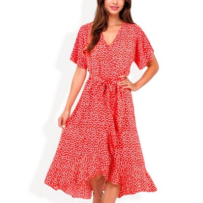 Anna-Kaci Women's V-Neck Flutter Sleeve Midi Fashion Dress with Belted Waist and Ruffle Hem
