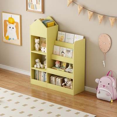 LIVAREEmlen Yellow Wooden Bookshelf Toy Storage Organizer with Bookcase, 6 Compartments 2 Baskets Bins Toys Box Organizer, for Books, Toys Shelf
