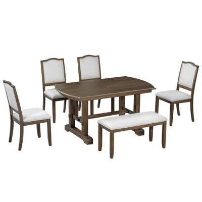 ChicFurnit Dining Set Extendable Table with Upholstered Chairs and Bench for Modern Home, Beige Brown, 63.5"*39.5"*8.25"