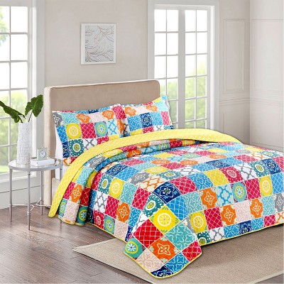 Luupatchy Orange & Blue Circle Print 3 Pc Quilt Set: Playful Dorm Decor, All-Season Soft Bedding with 2 Pillowcases, Queen Size