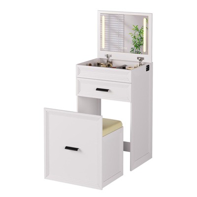 Fredees 3-in-1 Vanity Desk: Flip Top Mirror, LED Lights, Charging Station, Storage Drawers, Cushioned Stool for Bedroom