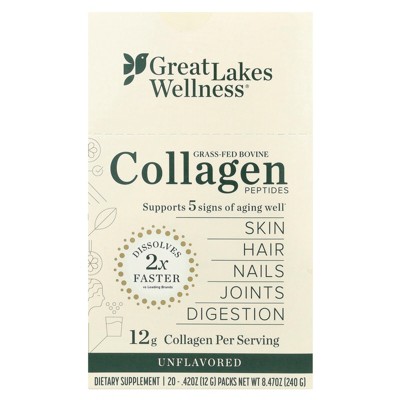 Great Lakes Wellness Grass-Fed Bovine Collagen Peptides, Unflavored, 20 Packs, 0.42 oz (12 g) Each