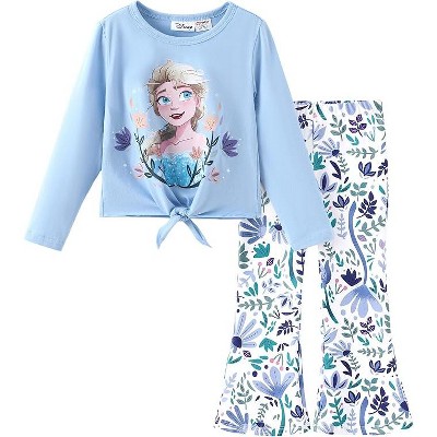 Disney Frozen Elsa Girls' Clothing Set Long Sleeve T-Shirt and Floral Bell Bottom Pants Outfit Blue 3-4 Years