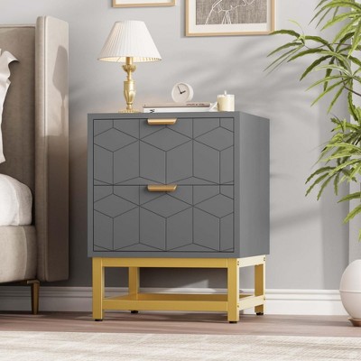 Modern 2 Drawer Dresser for Bedroom, Large End Side Table Bedside Table with 2 Drawers, Wooden Night Stand with Metal Legs