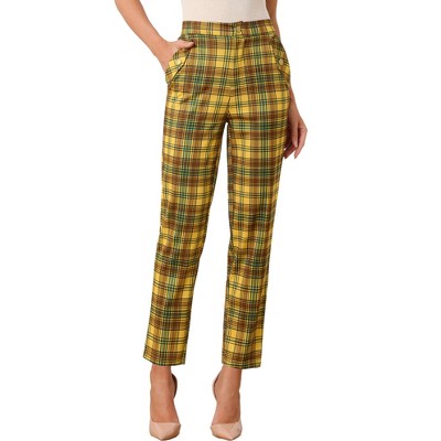 INSPIRE CHIC Women's Vintage Tartan Plaid Elastic Waist Straight Long Trousers