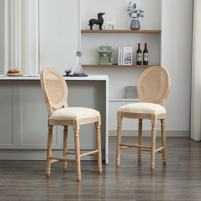 Gulches Set of 2 Classic French Country Solid Wood Bar Stools with Upholstered Seating, Beige Rattan Kitchen Bar Stools