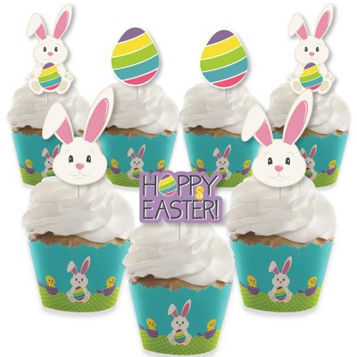 Big Dot of Happiness Hippity Hoppity - Cupcake Decoration - Easter Bunny Party Cupcake Wrappers and Treat Picks Kit - Set of 24