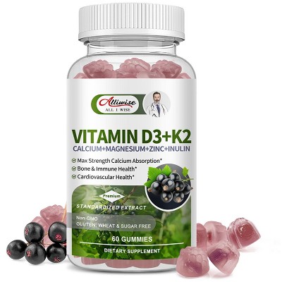 Alliwise Vitamin D3K2 Gummies 10000 IU D3 + 200 Mcg K2 for Bone & Muscle, 60 Gummies