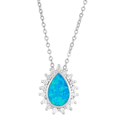 Opalata Sterling Silver, Blue Inlay Opal Teardrop with CZ Border 18" Pendant Necklace - Blue