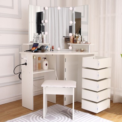 Nasitip Makeup Vanity With Mirror, Corner Vanity Table With 5 Rotating Drawers,3 Color Lighting, Shelves and Stool, Dressing Table Set for Women Girls