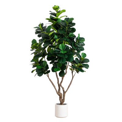 Nearly Natural 8-ft Artificial Grand Fiddle Leaf Tree in White Decorative Planter