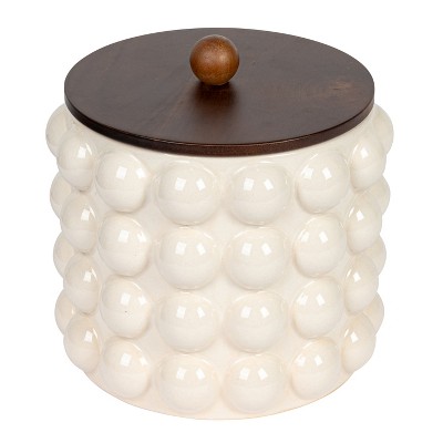 Storied Home Round Stoneware Canister with Raised Dots and Acacia Wood Lid, White and Natural