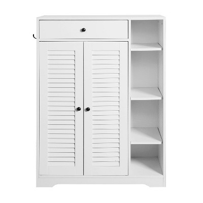 VANIRROR Freestanding Shoe Rack Organizer with 2 Shutter Doors, Narrow Entryway Shoe Storage Cabinet with Adjustable Shelf &Drawer, White Finish