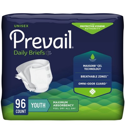 Prevail Unisex Youth Absorbent Briefs, Youth/X-Small, Maximum Absorbency, Refastenable Tabs, 96ct