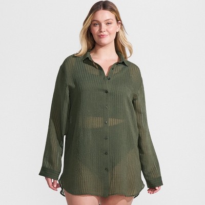 Lands' End Women's Cotton Gauze Button Down Swim Cover-up Shirt Dress