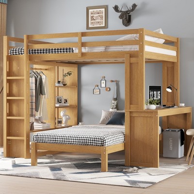 TIRAMISUBEST Queen over Twin Bunk Bed with Detachable Platform Bed, Wood Loft Bed Frame with Desk, Shelves & Open Wardrobe