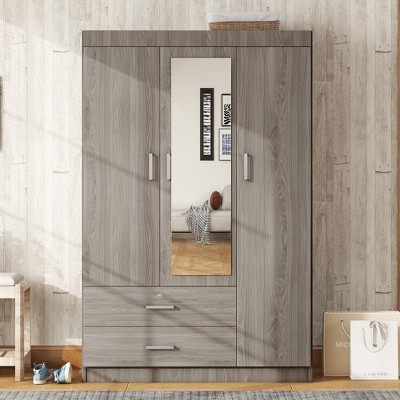 Whisen Wood 3-Door Wardrobe Armoire with Mirror, 2 Drawers, Storage Shelves and Hanging Rail