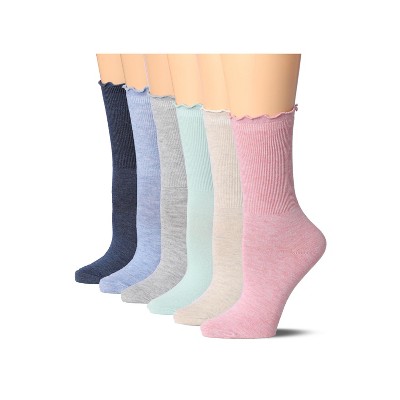 Tipi Toe Womens 6 Pairs Harmonious Neutral-Vibrance Crew Length Turn-Cuff Solid Lettuce Edge Lace Ruffle Socks