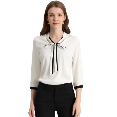 Allegra K Women's Office Bow Tie V Neck 3/4 Sleeve Elegant Chiffon Work Tops