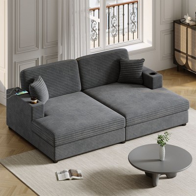 86.5" Oversized Loveseat Chaise Lounge Sectional Sofa Bed Corduroy Sleeper Sofa with Two USB Ports