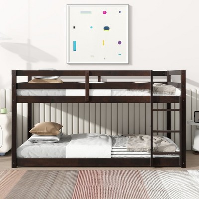 NicBex Twin/Twin Rubber Wood Bunk Bed with Safety Guardrails&Ladder,Grounded-Level Bunk Bed for Kids,Upper&Bottom Bed Platforms,400lbs Max