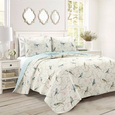 Lush Décor 3pc Botanical Bird And Flower Oversized Reversible Quilt Set White/Blue/Yellow