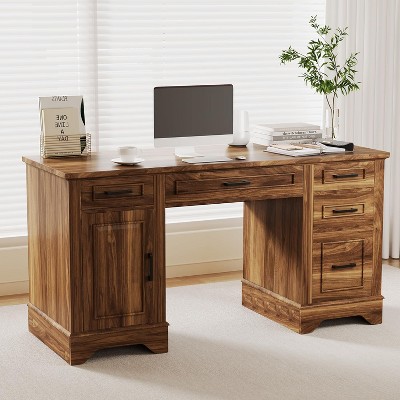 58 Inch Large Home Office Desk, 5 Drawers & Cabinet, Modern Minimalist Wood Writing Table for Living Rooms, Study Rooms, Bedrooms