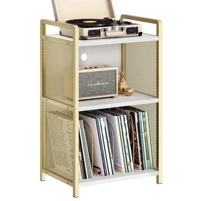 Garvee Golden Record Player Stand with Storage, Gold Turntable Stand with 3-Tier Storage, Record Player Side Table for Living Room, Bedroom, Office