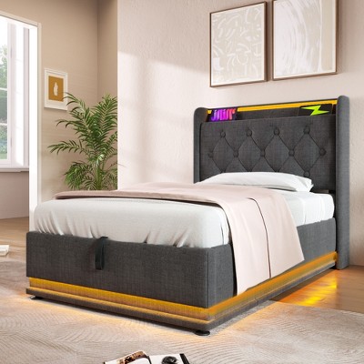 King/Queen/Full/Twin Size Platform Bed, Upholstered Storage Bed Frame with LED Light, USB Ports -ModernLuxe