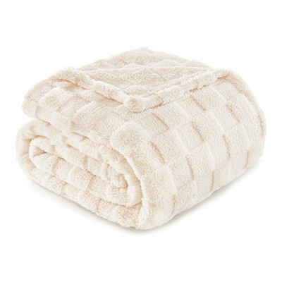 Aoibox Exclusivo Mezcla Fleece Throw Blanket, Super Soft and Warm Lightweight Checkered Pattern for All Seasons, Ivory