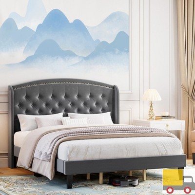 Upholstered Platform Bed Frame with Wingback Headboard, Button Tufted, Nailhead Trim, No Box Spring Needed, Wood Slats Bed, Black