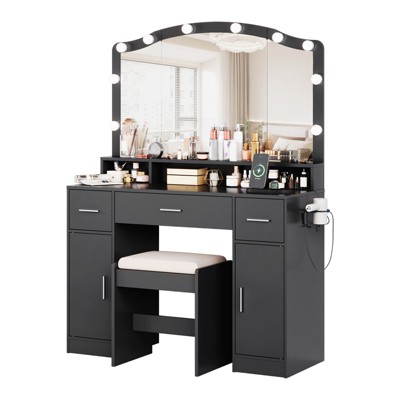 Vanity Desk with Mirror and Lights, Dressing Table Set with 3 Drawers, 2 Cabinets Vanity, Storage Stool, for Bedroom, Living Room