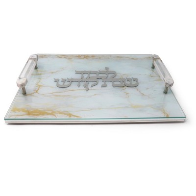 Classic Touch White Leather Challah Board with Glass Top and Acrylic Handles